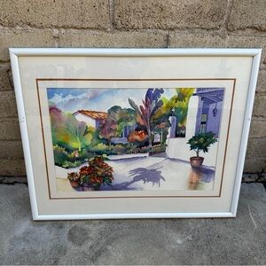 Robert Heylmun Original Watercolor 1991 SoCal Courtyard Scene 29.25x24 Framed